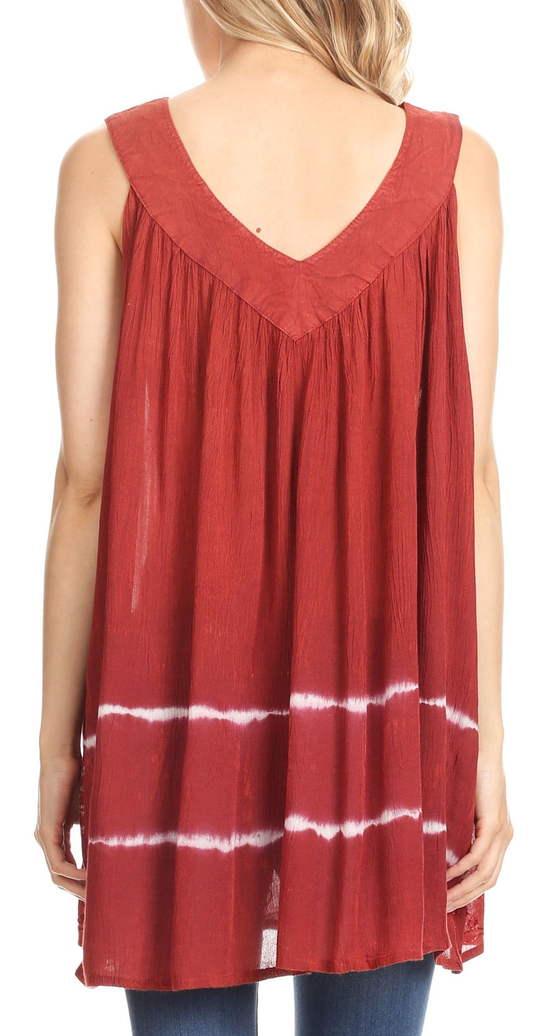 Sakkas Ruth Sequin Embroidered Batik Relaxed Fit Sleeveless V-Neck Top