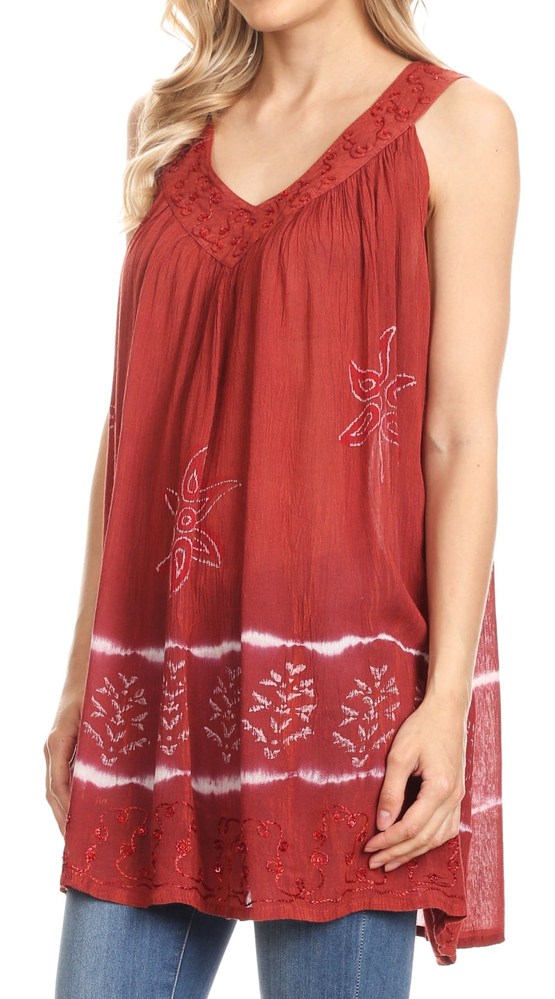 Sakkas Ruth Sequin Embroidered Batik Relaxed Fit Sleeveless V-Neck Top