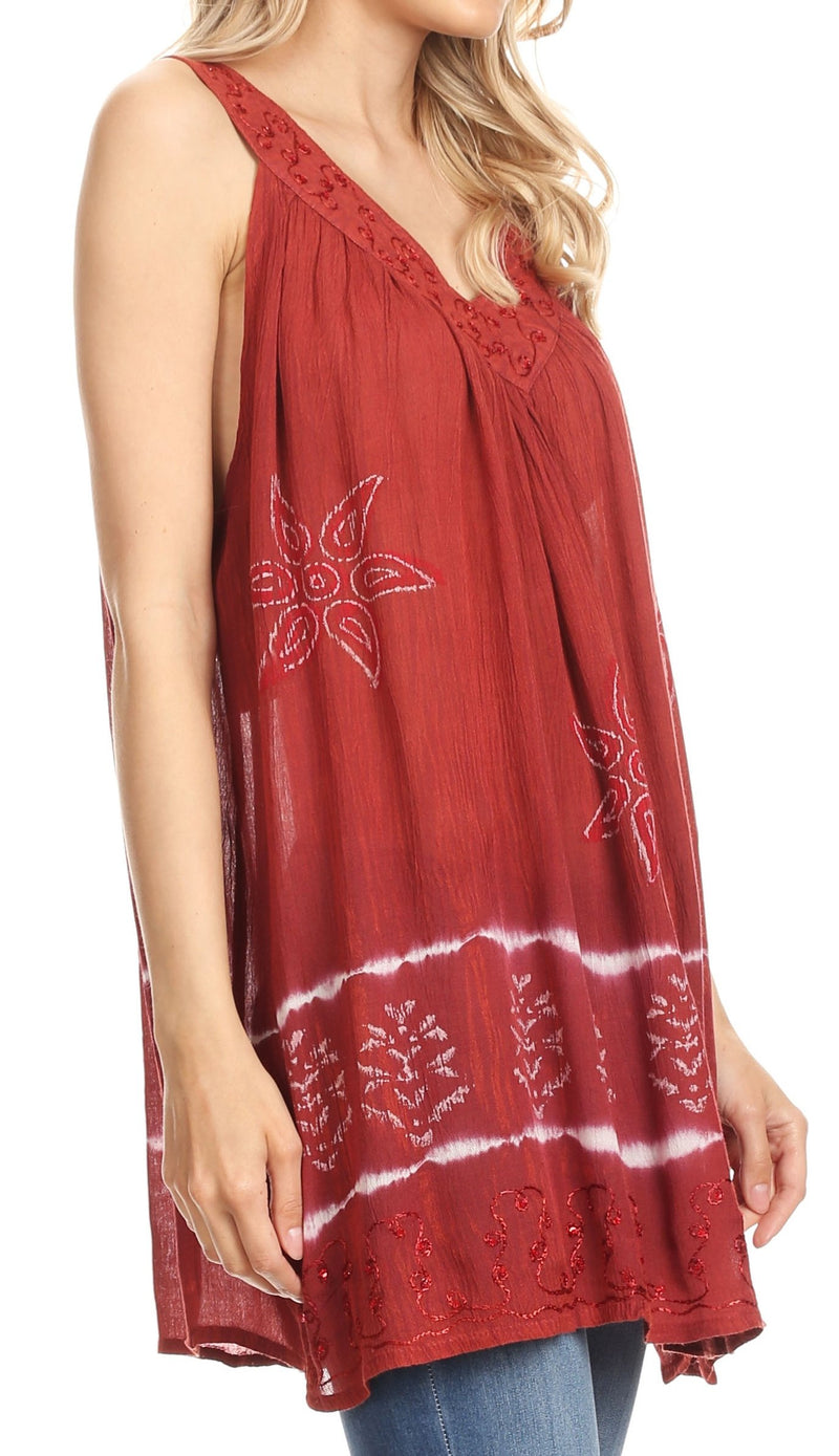 Sakkas Ruth Sequin Embroidered Batik Relaxed Fit Sleeveless V-Neck Top