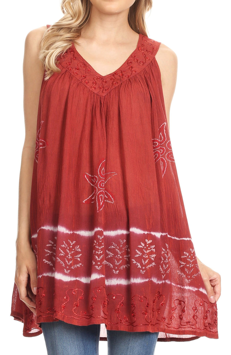 Sakkas Ruth Sequin Embroidered Batik Relaxed Fit Sleeveless V-Neck Top