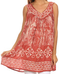 Sakkas Wanda May Embroidered Batik Scoop Neck Relaxed Fit Sleeveless Blouse#color_Cayenne