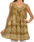 Sakkas Wanda May Embroidered Batik Scoop Neck Relaxed Fit Sleeveless Blouse#color_Olive