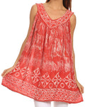Sakkas Wanda May Embroidered Batik Scoop Neck Relaxed Fit Sleeveless Blouse#color_Red