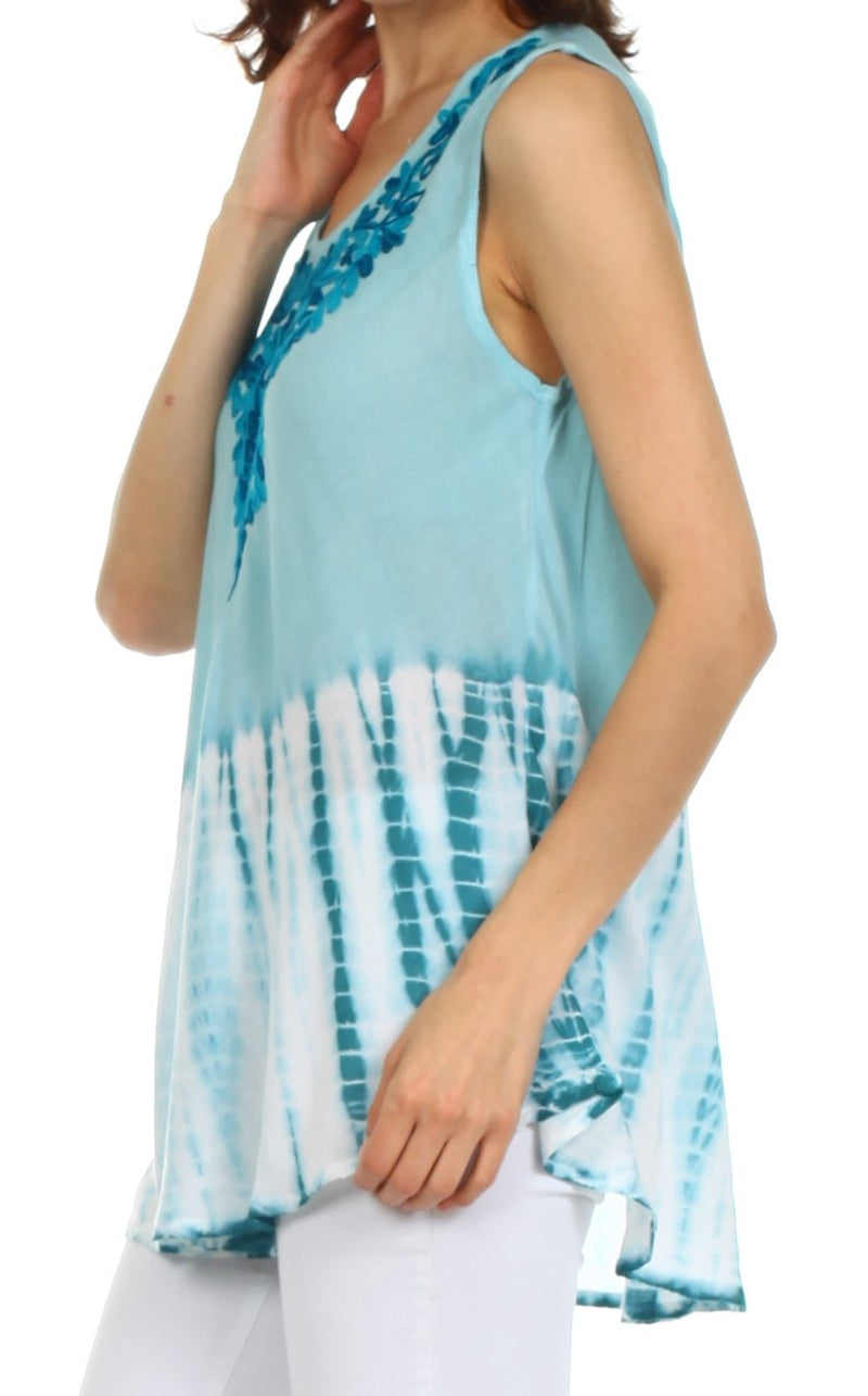 Sakkas Floral Yarn Embroidered Tie Dye Sleeveless Blouse