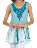 Sakkas Floral Yarn Embroidered Tie Dye Sleeveless Blouse#color_Blue
