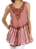 Sakkas Floral Yarn Embroidered Tie Dye Sleeveless Blouse#color_Brown