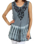 Sakkas Floral Yarn Embroidered Tie Dye Sleeveless Blouse#color_Charcoal