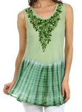 Sakkas Floral Yarn Embroidered Tie Dye Sleeveless Blouse#color_ForestGreen