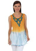 Sakkas Floral Yarn Embroidered Tie Dye Sleeveless Blouse#color_Gold