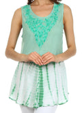 Sakkas Floral Yarn Embroidered Tie Dye Sleeveless Blouse#color_Mint