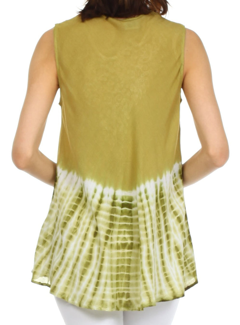Sakkas Floral Yarn Embroidered Tie Dye Sleeveless Blouse