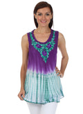 Sakkas Floral Yarn Embroidered Tie Dye Sleeveless Blouse#color_Purple
