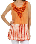 Sakkas Floral Yarn Embroidered Tie Dye Sleeveless Blouse#color_Rust