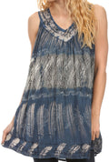 Sakkas Viennan Long Embroidered V Neck Tie Dye Print Tribal Shirt Blouse Tank Top#color_Blue