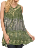 Sakkas Viennan Long Embroidered V Neck Tie Dye Print Tribal Shirt Blouse Tank Top#color_Green