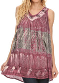 Sakkas Viennan Long Embroidered V Neck Tie Dye Print Tribal Shirt Blouse Tank Top#color_Pink