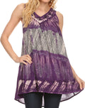 Sakkas Viennan Long Embroidered V Neck Tie Dye Print Tribal Shirt Blouse Tank Top#color_Purple