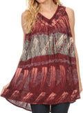 Sakkas Viennan Long Embroidered V Neck Tie Dye Print Tribal Shirt Blouse Tank Top#color_Red