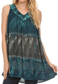 Sakkas Viennan Long Embroidered V Neck Tie Dye Print Tribal Shirt Blouse Tank Top#color_Turquoise