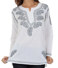 Sakkas Paisley Embroidered Cotton Long Sleeve Blouse#color_White/Charcoal
