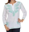 Sakkas Paisley Embroidered Cotton Long Sleeve Blouse#color_White/Mint