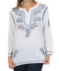 Sakkas Paisley Embroidered Cotton Long Sleeve Blouse#color_White/Navy