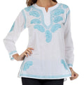 Sakkas Paisley Embroidered Cotton Long Sleeve Blouse#color_White/Turquoise