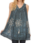 Sakkas Loonmiya Long Tall Embroidered Batik Sleeveless Tank Top Shirt Blouse Top#color_Blue