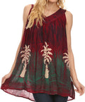Sakkas Loonmiya Long Tall Embroidered Batik Sleeveless Tank Top Shirt Blouse Top#color_Burgundy