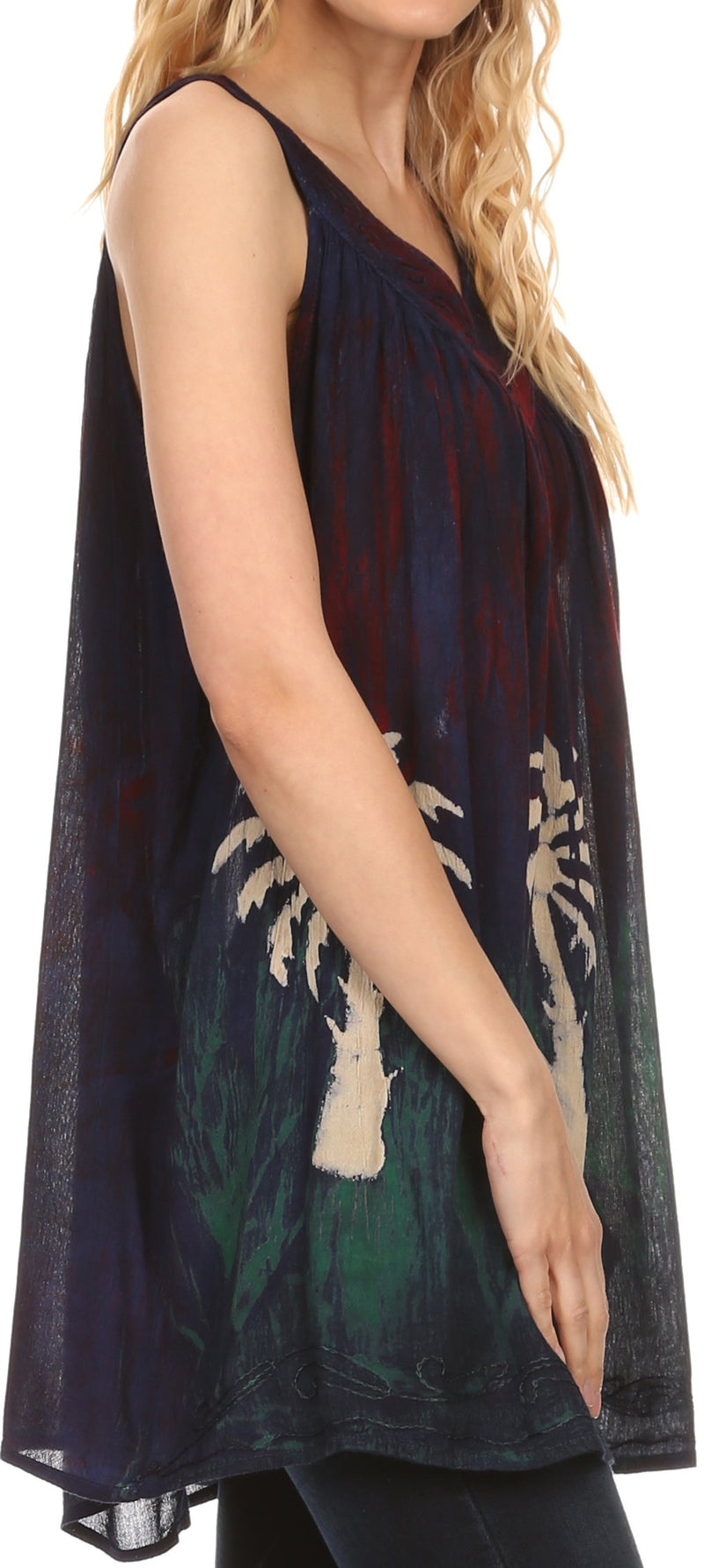 Sakkas Loonmiya Long Tall Embroidered Batik Sleeveless Tank Top Shirt Blouse Top