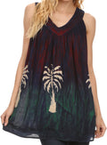Sakkas Loonmiya Long Tall Embroidered Batik Sleeveless Tank Top Shirt Blouse Top#color_Navy