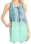 Sakkas Marie Sleeveless Crinkle V-neck Tank Top with Print#color_SeaGreen