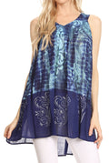 Sakkas Marie Sleeveless Crinkle V-neck Tank Top with Print#color_Turquoise/Blue