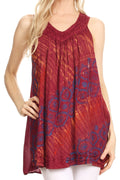 Sakkas Lea V-neck Crinkle Sleeveless embroidered  Tank top#color_Chocolate