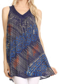 Sakkas Lea V-neck Crinkle Sleeveless embroidered  Tank top#color_Navy