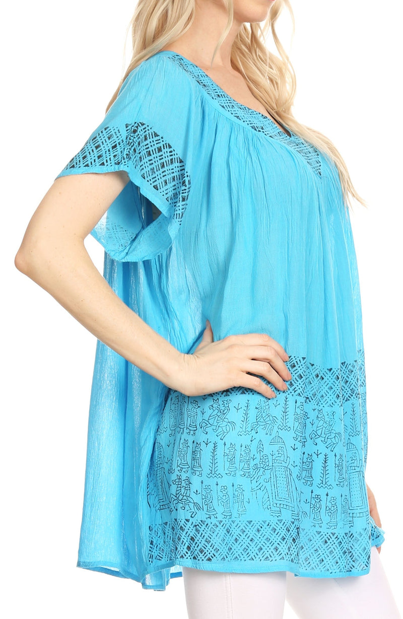 Sakkas Valeria V-neck Crinkle Short Sleeve Top Blouse with Print
