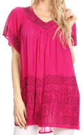 Sakkas Valeria V-neck Crinkle Short Sleeve Top Blouse with Print#color_Fuchsia 