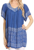 Sakkas Valeria V-neck Crinkle Short Sleeve Top Blouse with Print#color_Royal Blue 