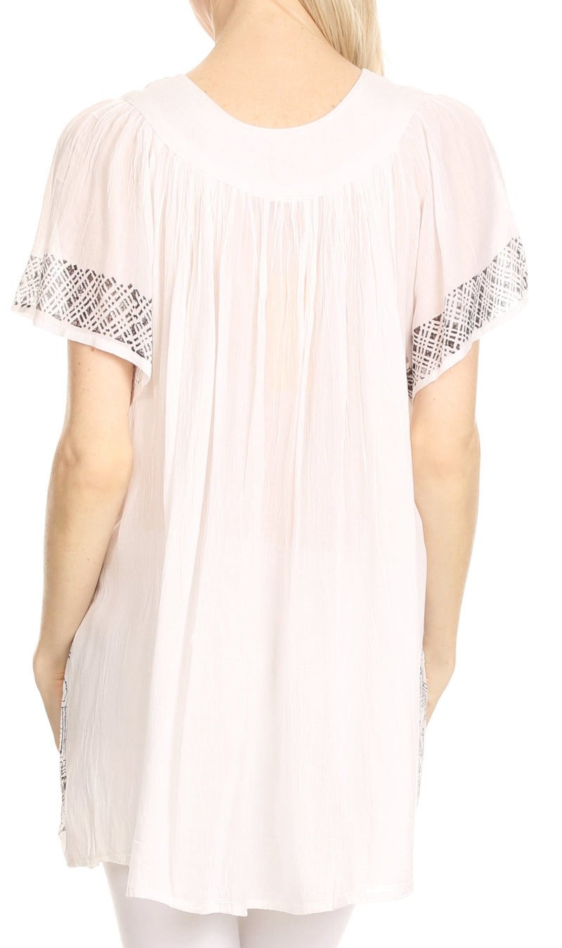 Sakkas Valeria V-neck Crinkle Short Sleeve Top Blouse with Print