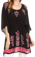 Sakkas Women's Embroidered Batik Gauzy Rayon Tunic Blouse#color_Black/Pink
