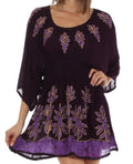 Sakkas Women's Embroidered Batik Gauzy Rayon Tunic Blouse#color_Eggplant