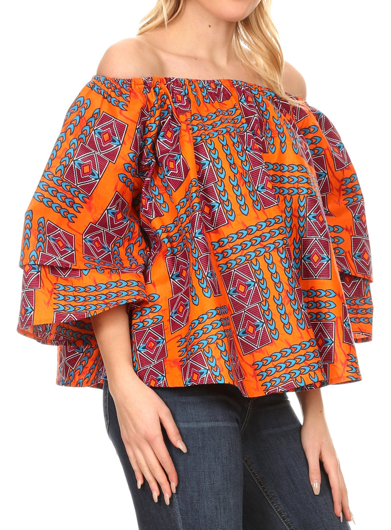 Sakkas Omari Off-shoulder Bell Sleeve Blouse Top Relax Fit Ankara African Wax