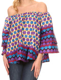 Sakkas Omari Off-shoulder Bell Sleeve Blouse Top Relax Fit Ankara African Wax#color_8-Orange/Turquoise