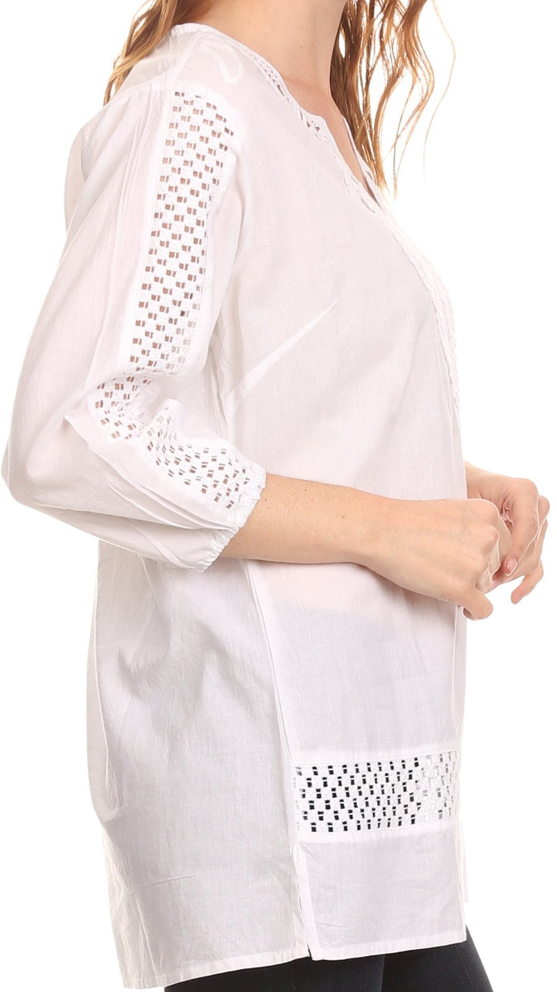 Sakkas Velga Embroidered 3/4 Length Sleeves Crochet V Neck Tunic Blouse Shirt Top
