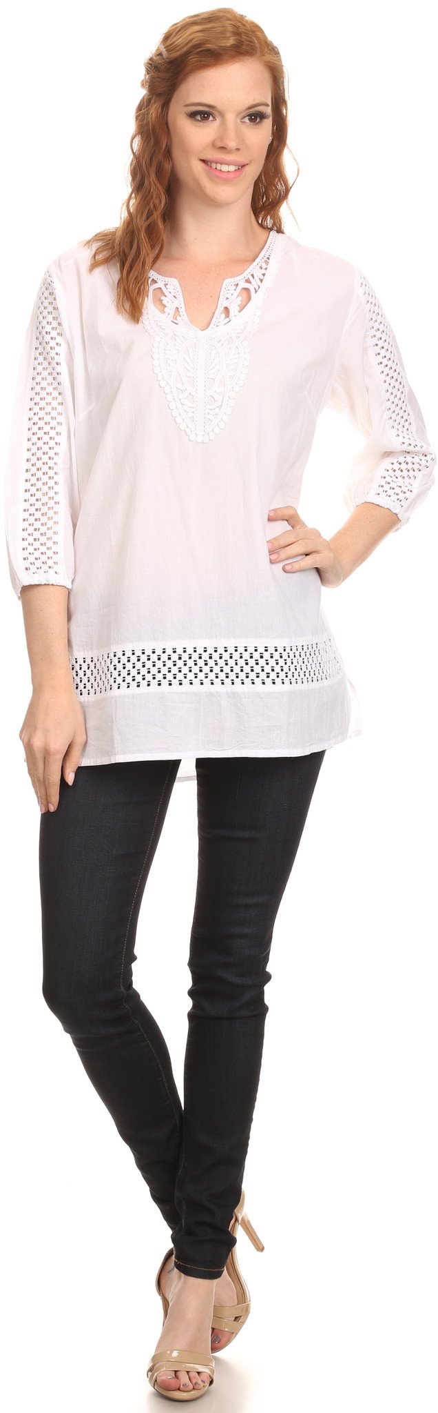 Sakkas Velga Embroidered 3/4 Length Sleeves Crochet V Neck Tunic Blouse Shirt Top