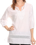 Sakkas Velga Embroidered 3/4 Length Sleeves Crochet V Neck Tunic Blouse Shirt Top #color_White