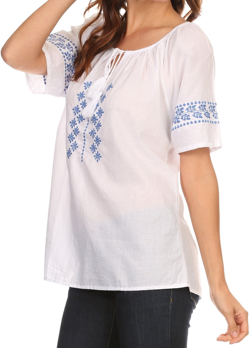 Sakkas Jeanita Embroidered Cotton Boho Short Sleeve Top Blouse With Front Tie