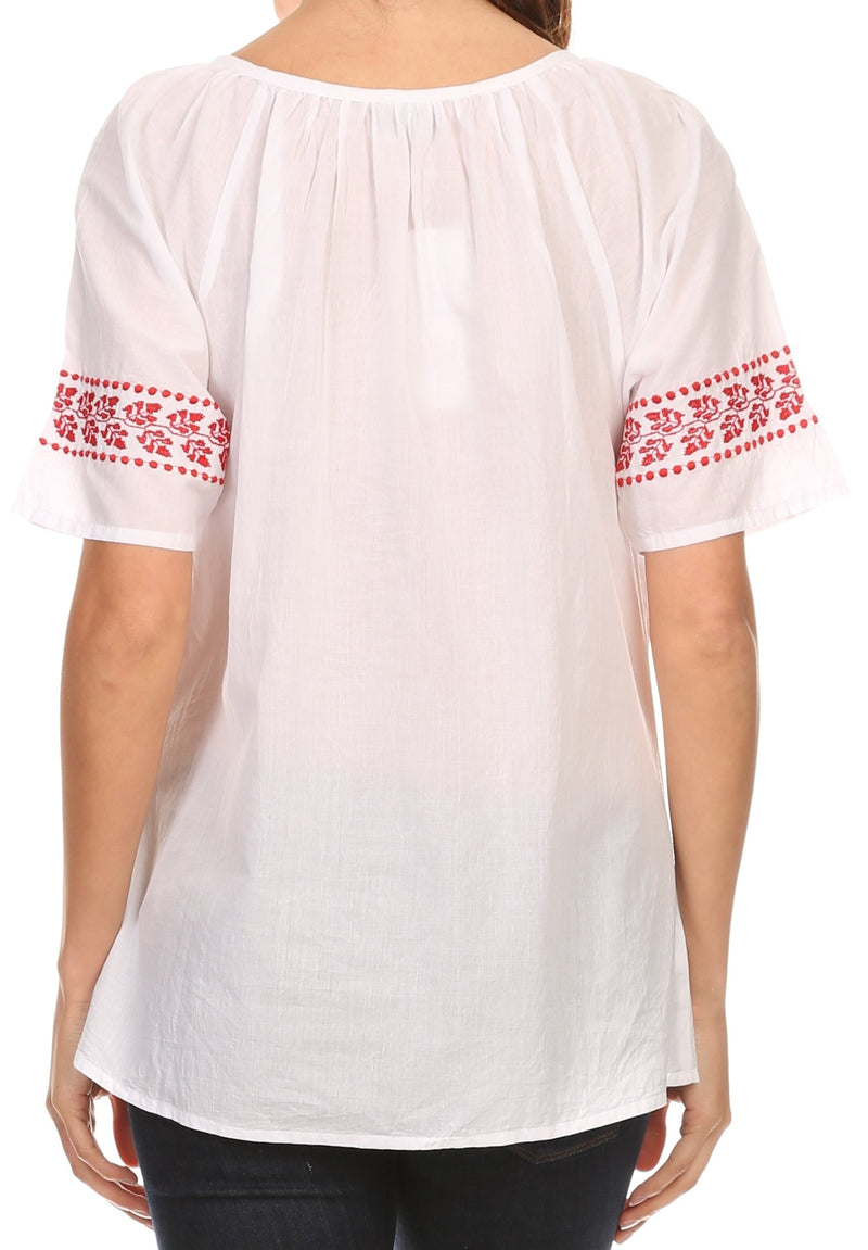 Sakkas Jeanita Embroidered Cotton Boho Short Sleeve Top Blouse With Front Tie