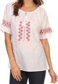 Sakkas Jeanita Embroidered Cotton Boho Short Sleeve Top Blouse With Front Tie#color_Red