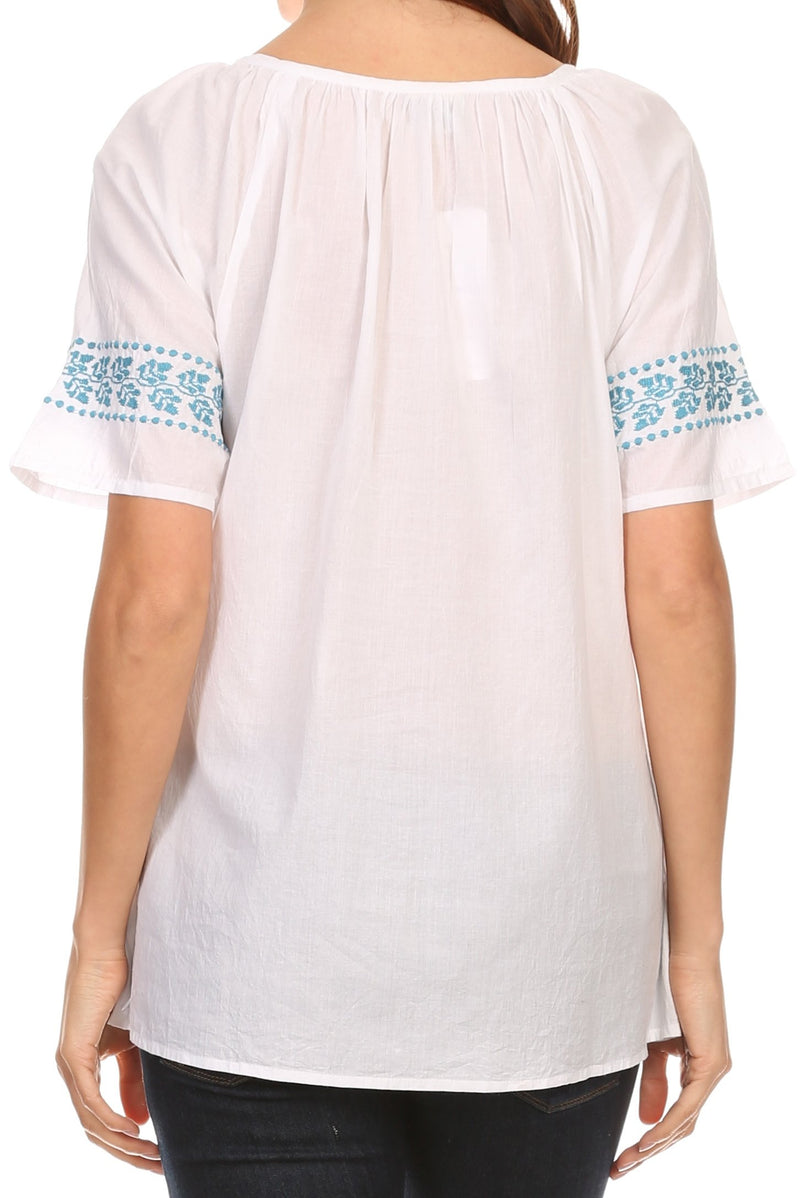 Sakkas Jeanita Embroidered Cotton Boho Short Sleeve Top Blouse With Front Tie